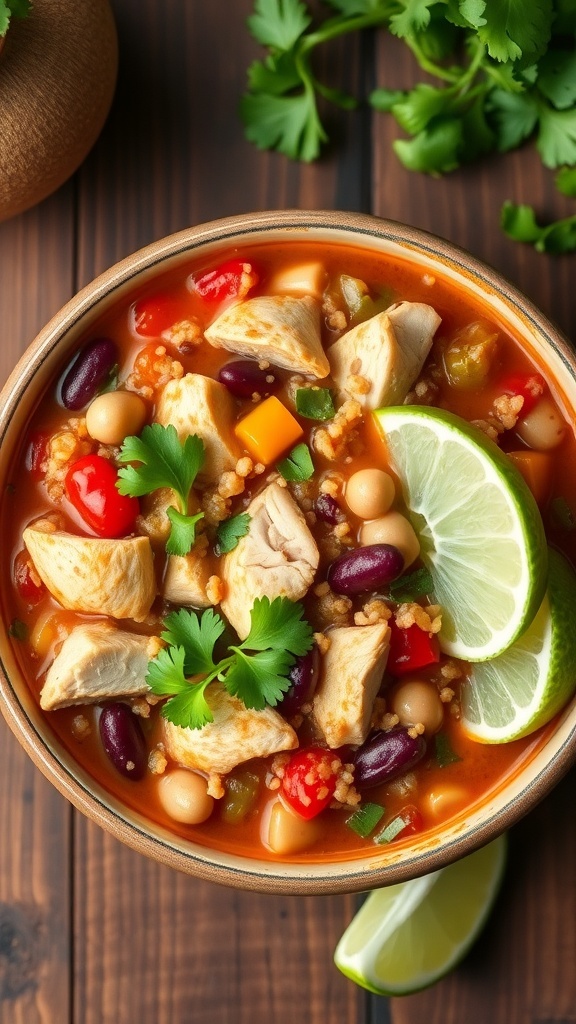 A bowl of quinoa chicken chili with beans and vegetables, garnished with cilantro and lime, on a rustic table.